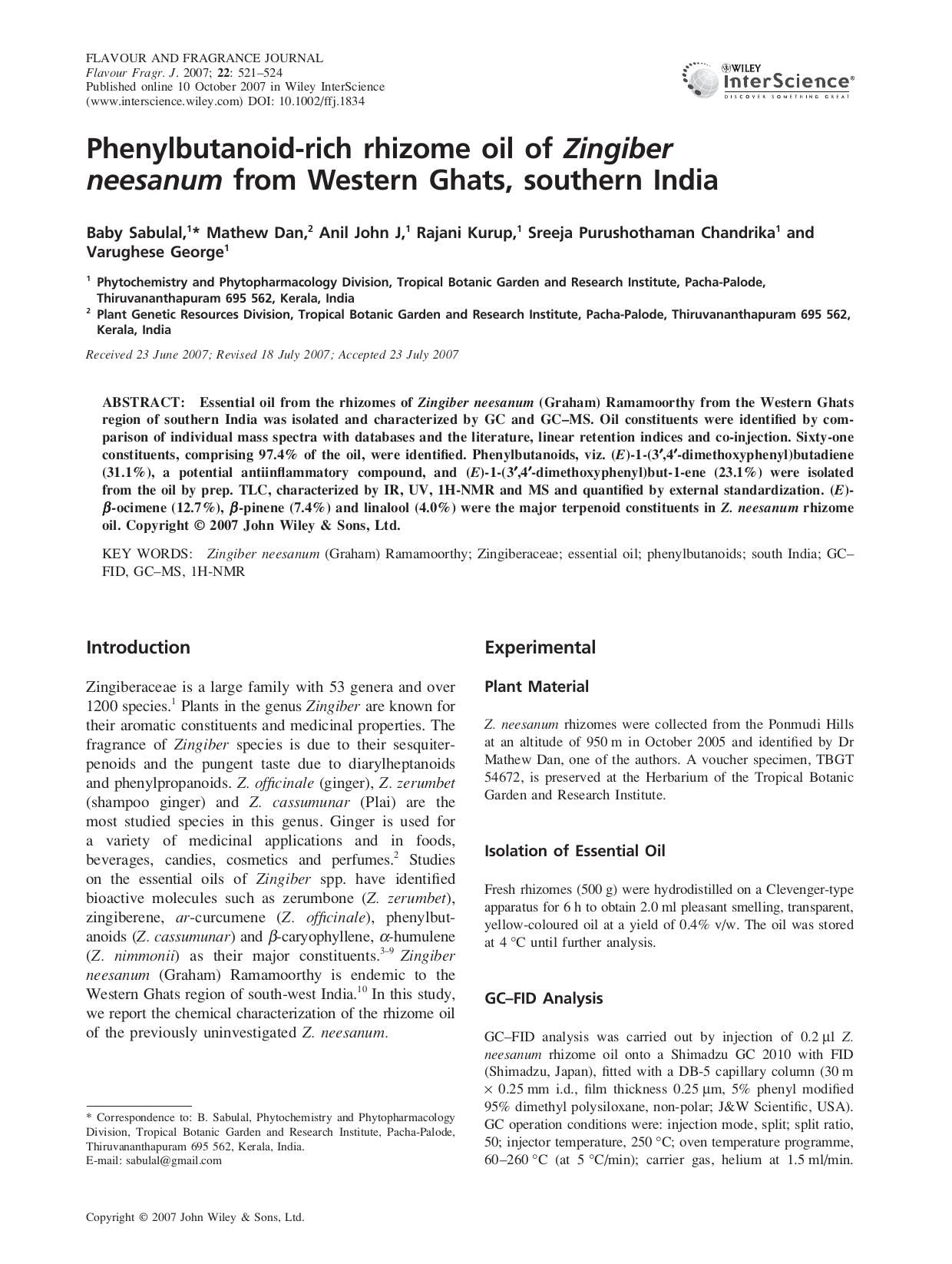 Phenylbutanoid-rich rhizome oil of Zingiber neesanum from Western Ghats, southern India by FuHT