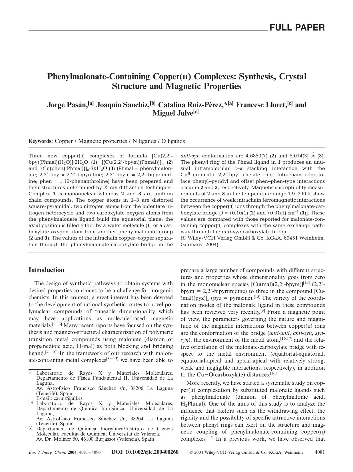 Phenylmalonate-Containing Copper(II) Complexes: Synthesis, Crystal Structure and Magnetic Properties by Unknown