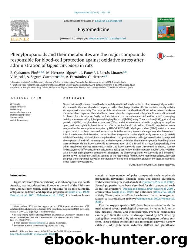Phenylpropanoids and their metabolites are the major compounds responsible for blood-cell protection against oxidative stress after administration of Lippia citriodora in rats by unknow