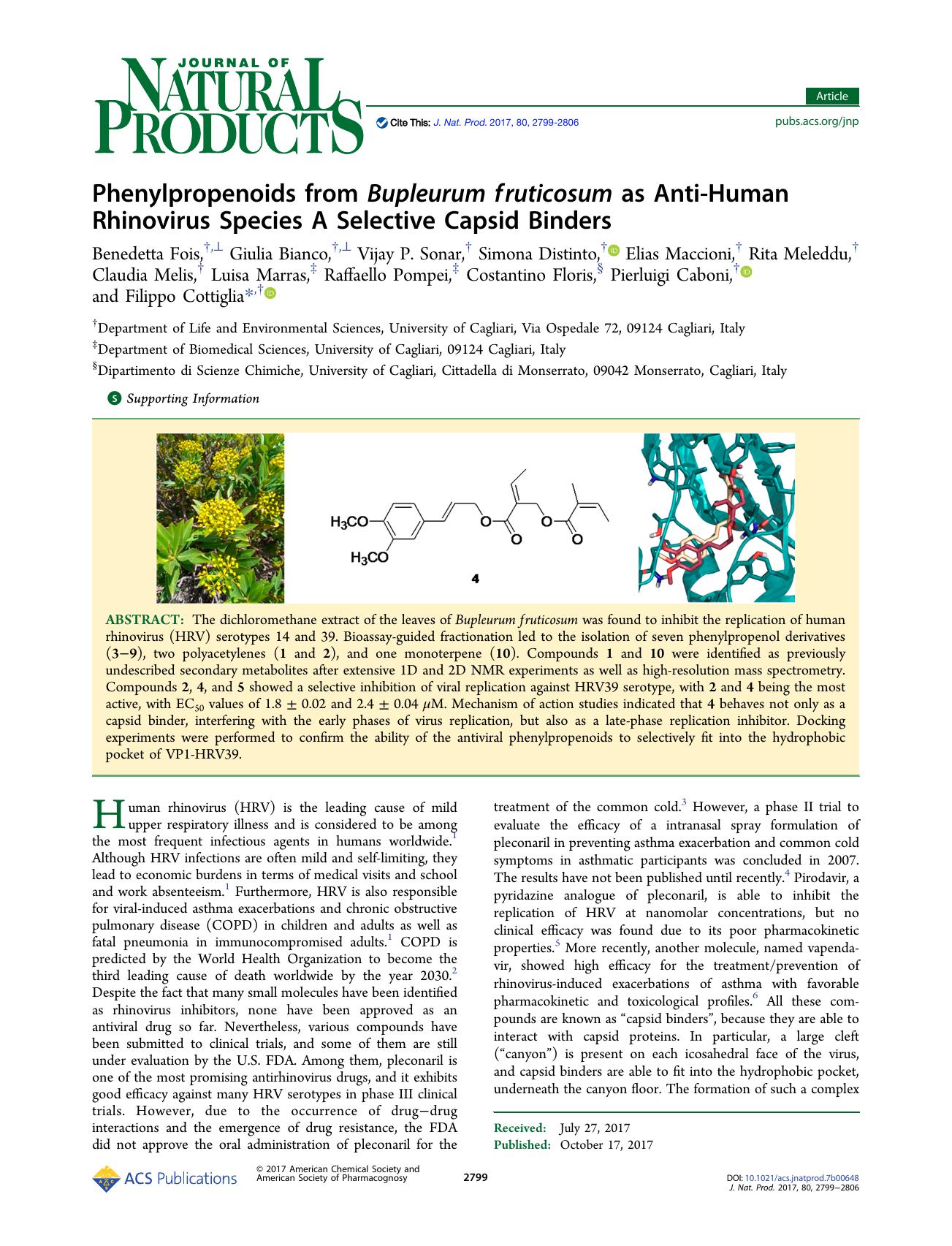 Phenylpropenoids from Bupleurum fruticosum as Anti-Human Rhinovirus Species A Selective Capsid Binders by unknow