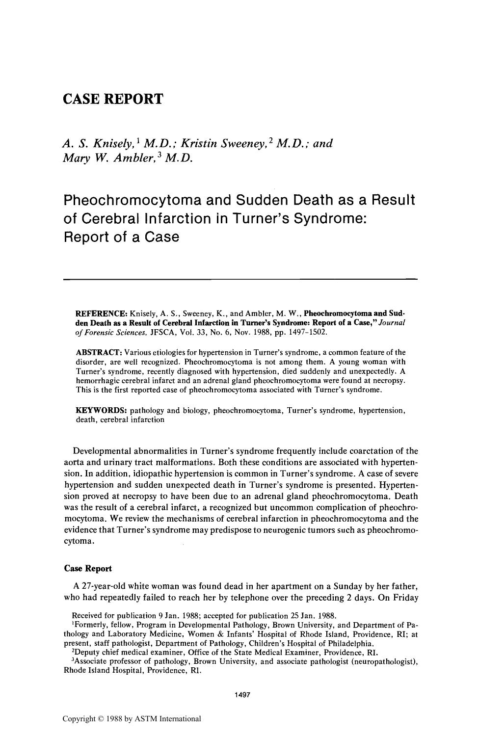 Pheochromocytoma and Sudden Death as a Result of Cerebral Infarction in Turner's Syndrome: Report of a Case by Knisely AS Sweeney K Ambler MW