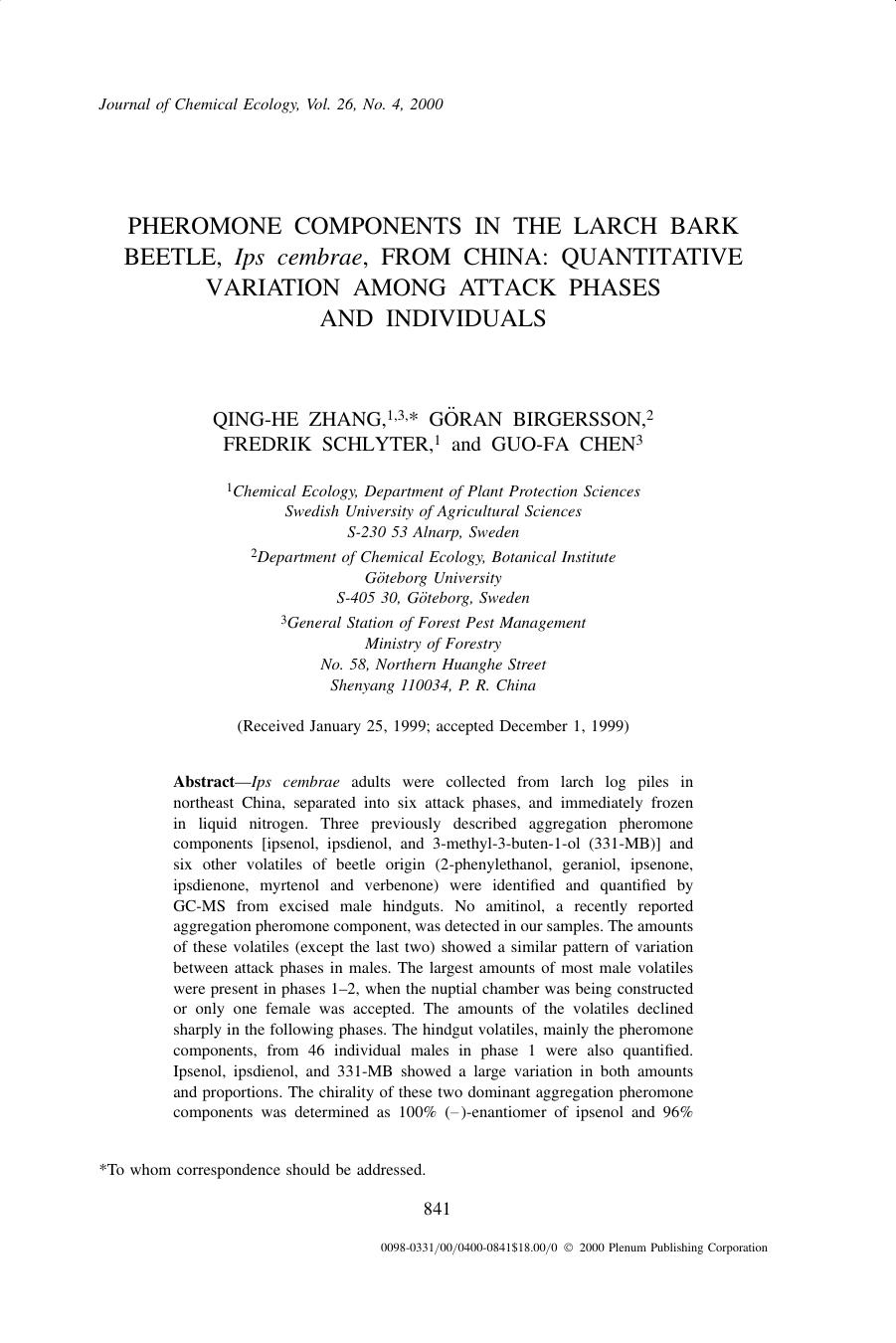 Pheromone Components in the Larch Bark Beetle, Ips cembrae, from China: Quantitative Variation among Attack Phases and Individuals by Unknown
