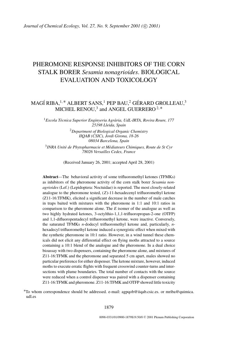 Pheromone Response Inhibitors of the Corn Stalk Borer Sesamia nonagrioides. Biological Evaluation and Toxicology by Unknown