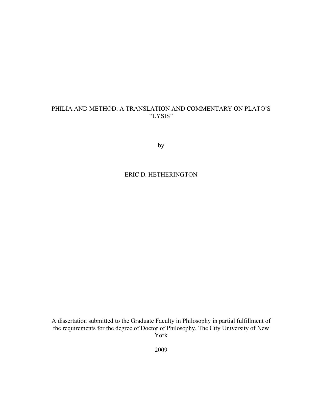 Philia and method: A translation and commentary on Plato's 'Lysis' by Eric D. Hetherington