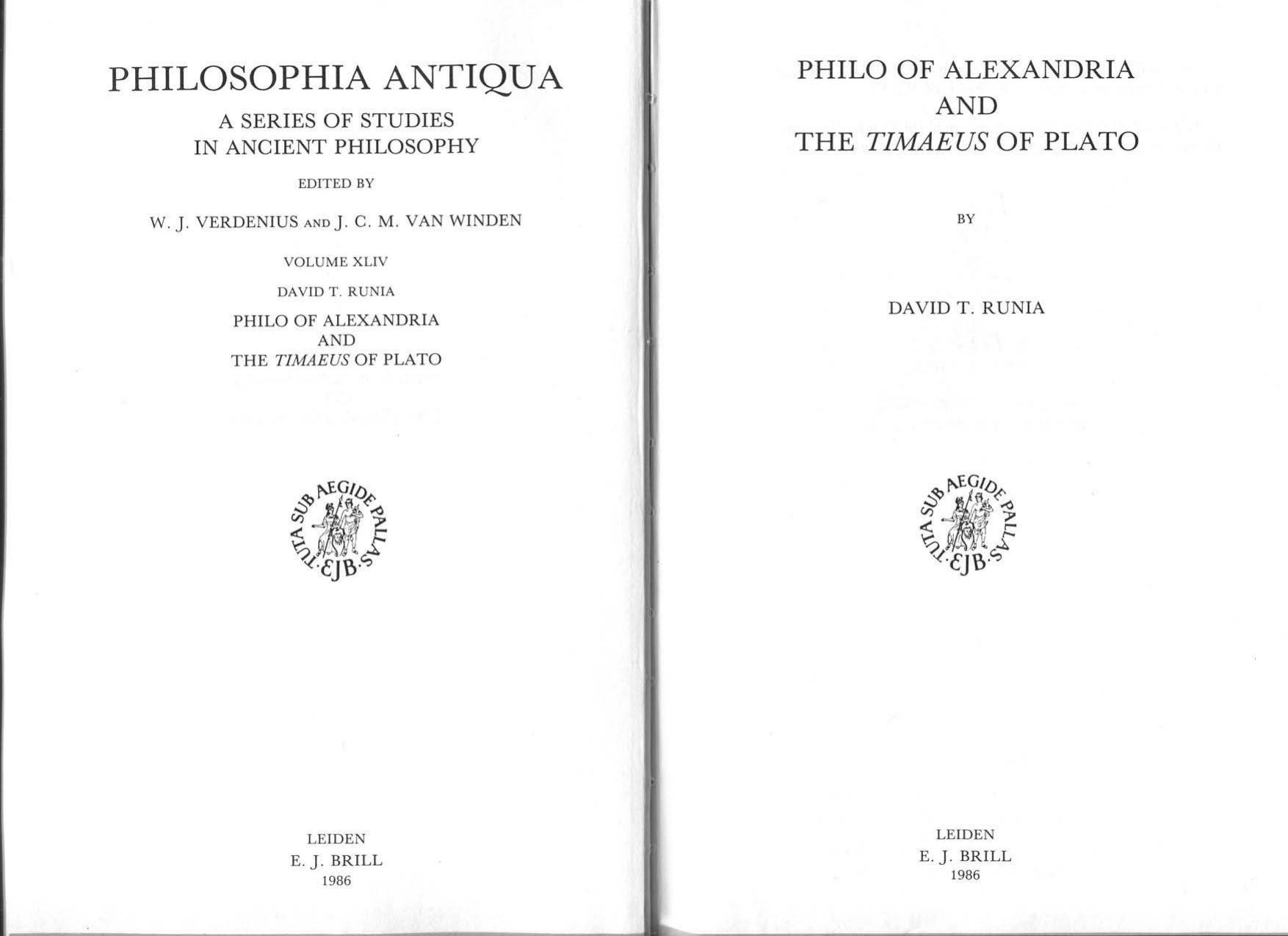 Philo of Alexandria and the Timaeus of Plato by David T. Runia