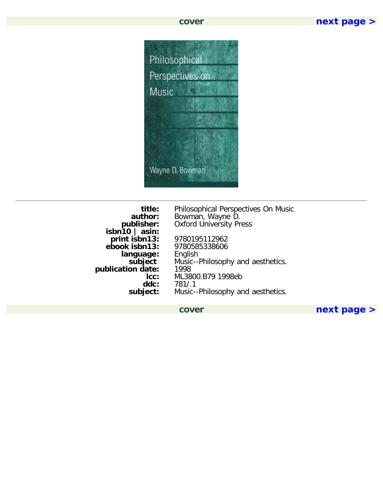 Philosophical Perspectives on Music by Wayne D. Bowman