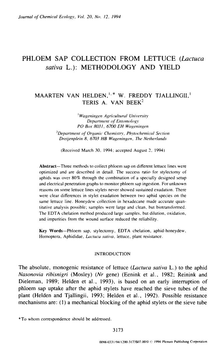 Phloem sap collection from lettuce ( <Emphasis Type="Italic">Lactuca sativa <Emphasis> L.): Methodology and yield by Unknown