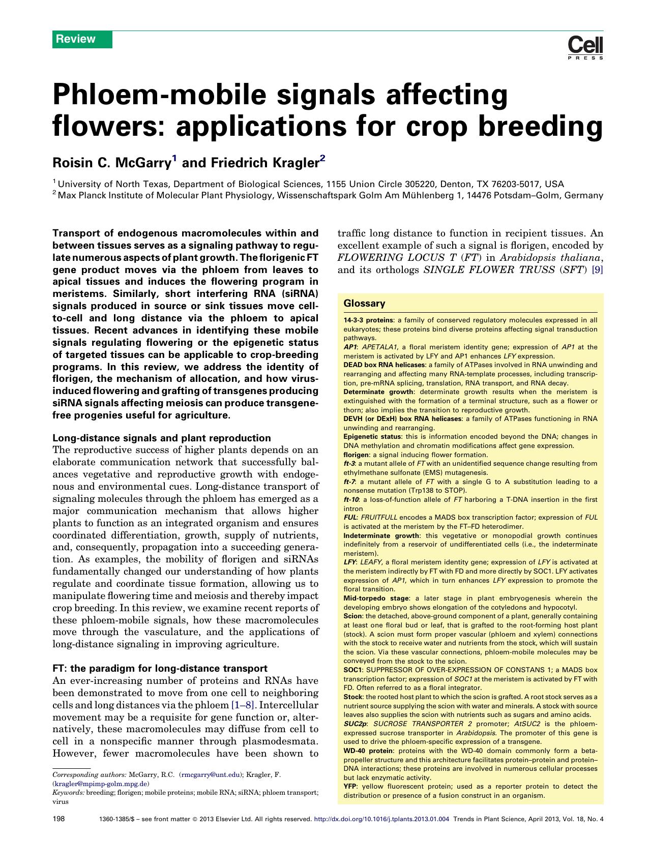 Phloem-mobile signals affecting flowers: applications for crop breeding by Roisin C. McGarry & Friedrich Kragler
