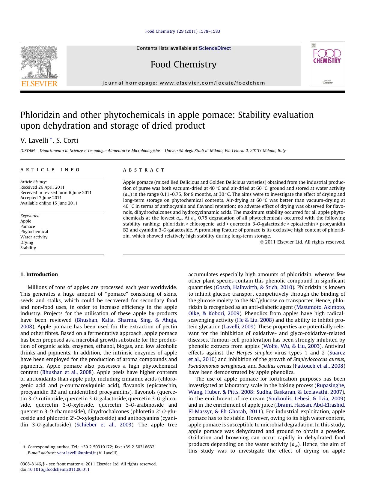 Phloridzin and other phytochemicals in apple pomace: Stability evaluation upon dehydration and storage of dried product by V. Lavelli & S. Corti