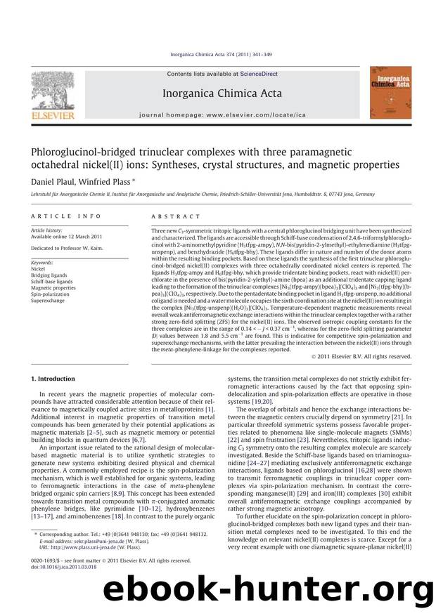 Phloroglucinol-bridged trinuclear complexes with three paramagnetic octahedral nickel(II) ions: Syntheses, crystal structures, and magnetic properties by Daniel Plaul & Winfried Plass