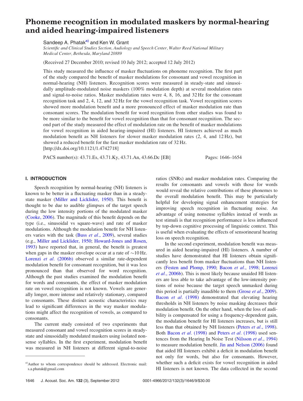 Phoneme recognition in modulated maskers by normal-hearing and aided hearing-impaired listeners by Sandeep A. Phataka) and Ken W. Grant