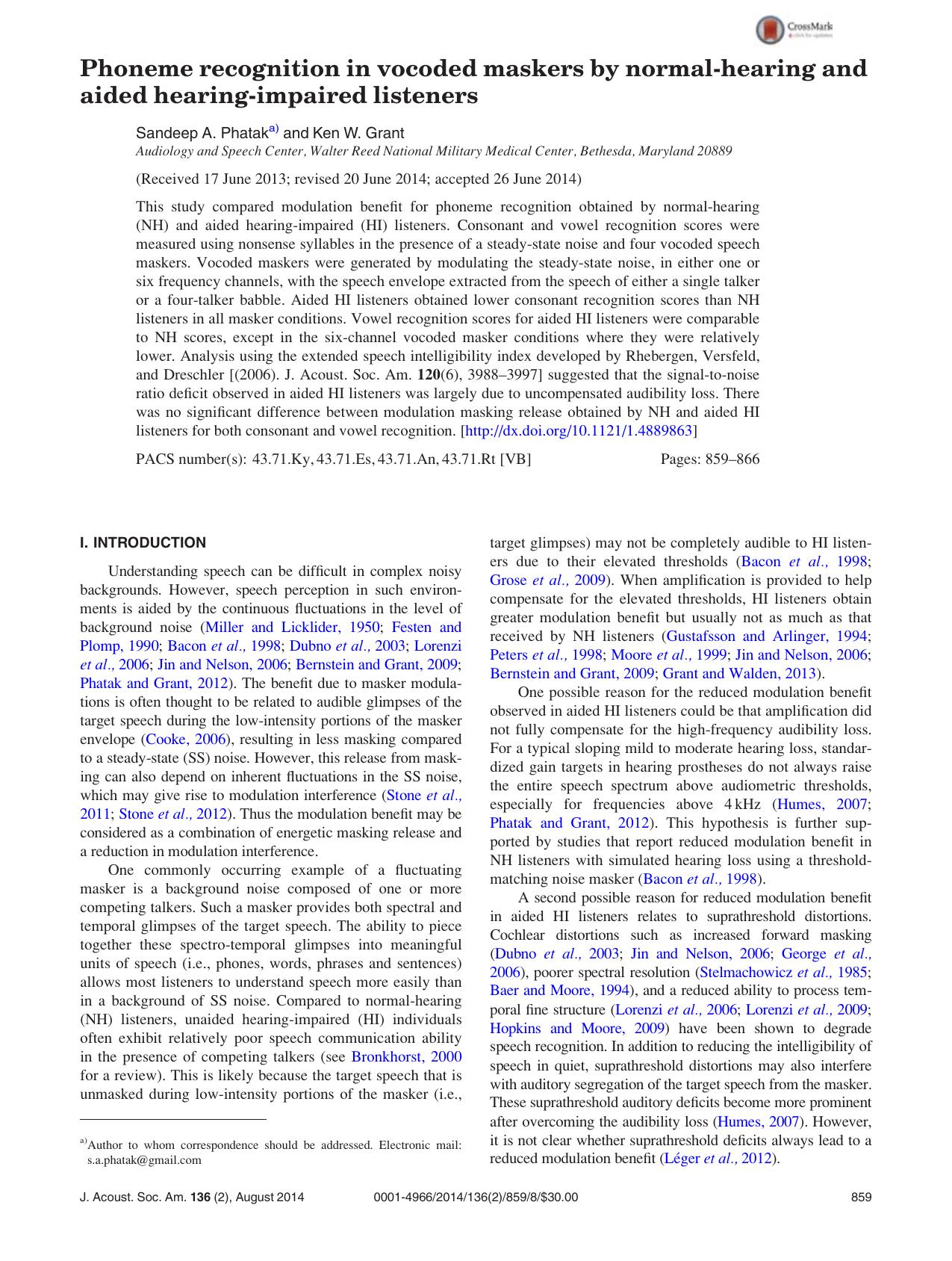 Phoneme recognition in vocoded maskers by normal-hearing and aided hearing-impaired listeners by Sandeep A. Phatak & Ken W. Grant