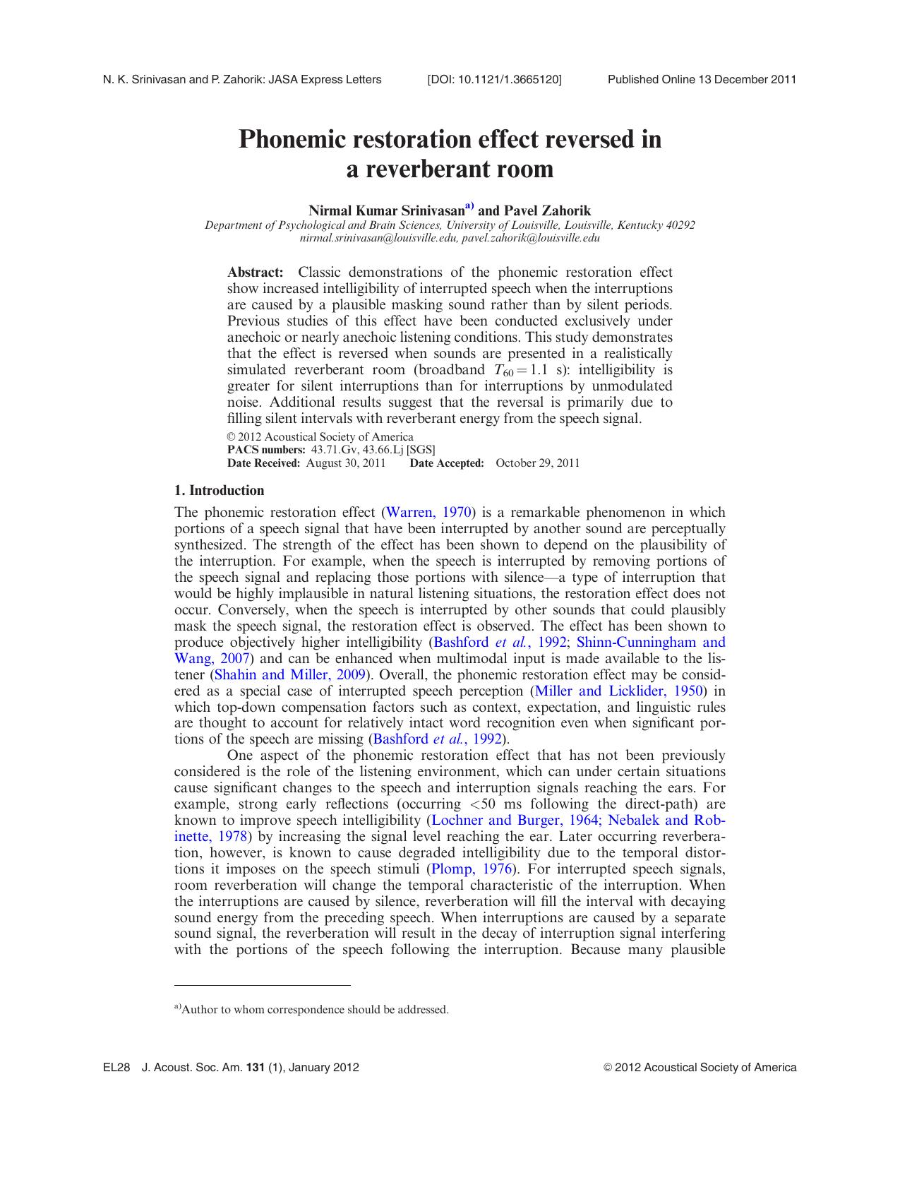 Phonemic restoration effect reversed in a reverberant room by Nirmal Kumar Srinivasan and Pavel Zahorik