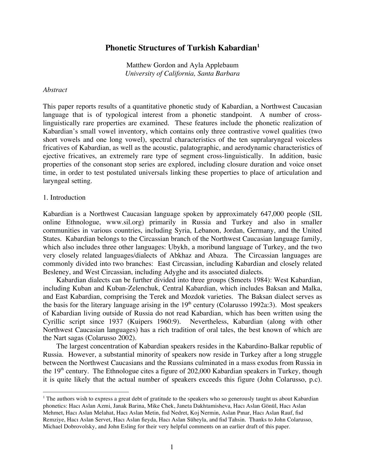 Phonetic Structures of Turkish Kabardian by Matthew Gordon Ayla Applebaum