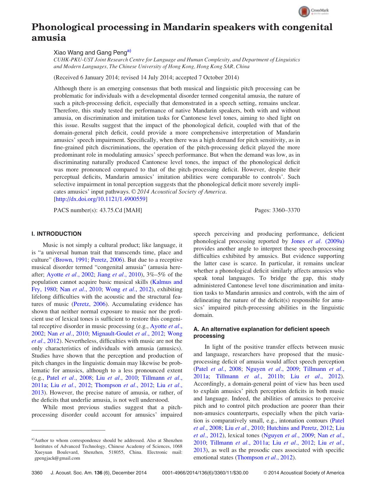 Phonological processing in Mandarin speakers with congenital amusia by Xiao Wang & Gang Peng
