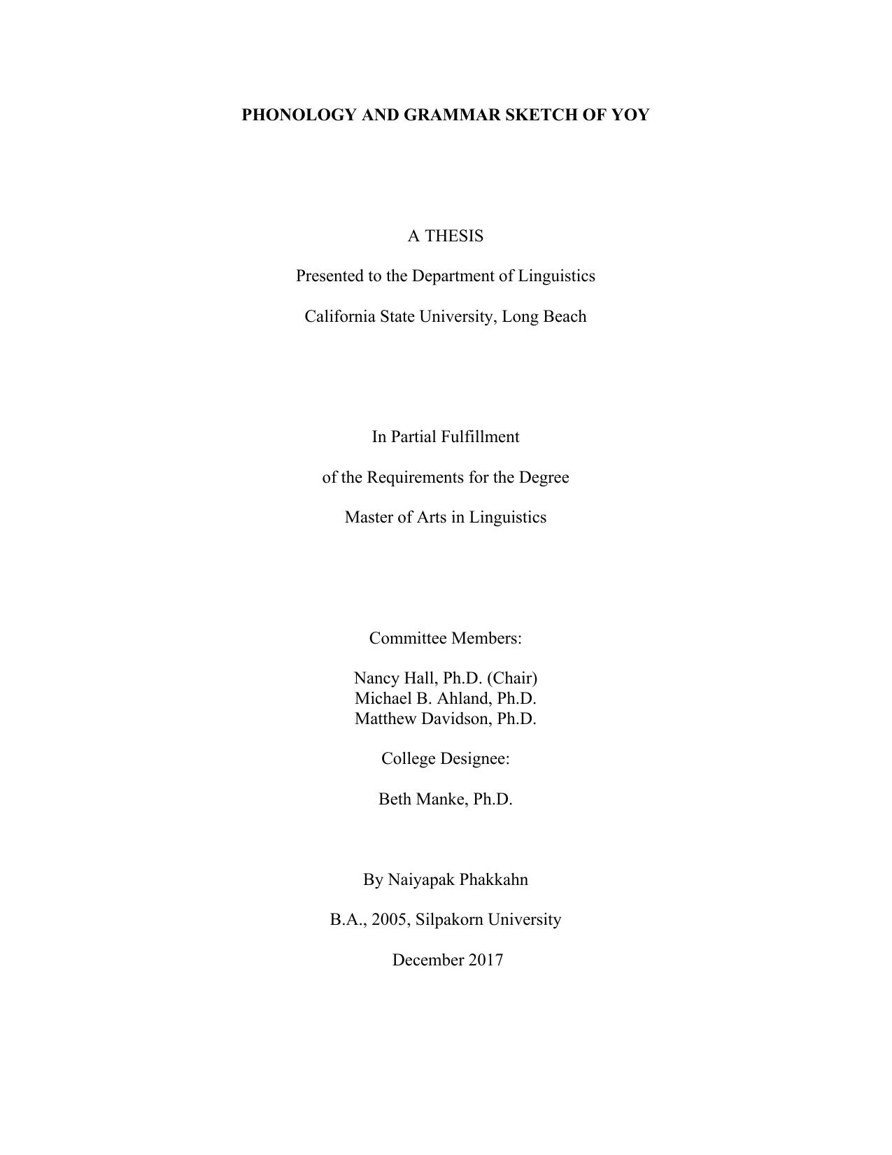 Phonology and Grammar Sketch of Yoy by Beth Manke