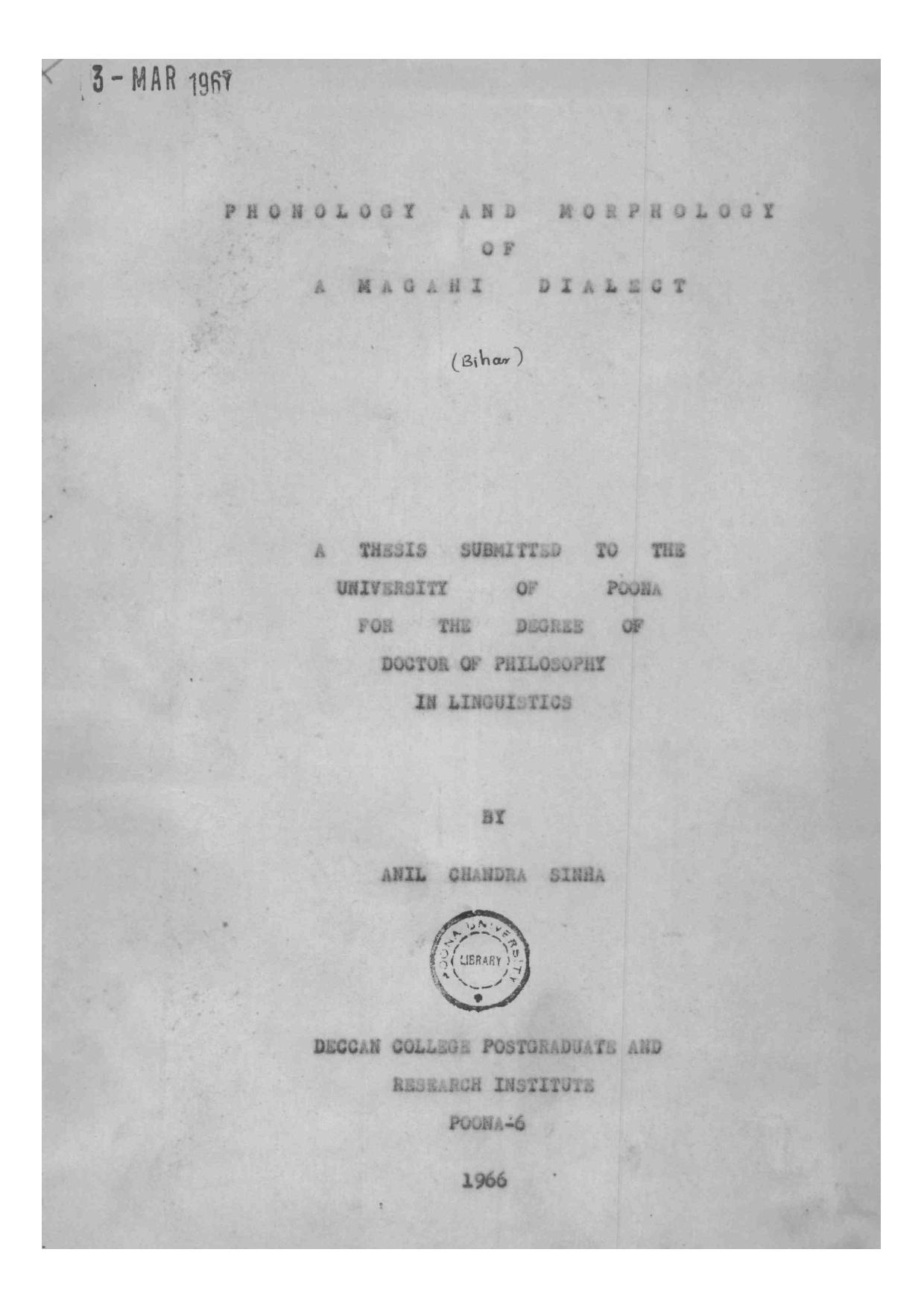Phonology and morphology of a Magahi dialect by Anil Chandra Sinha