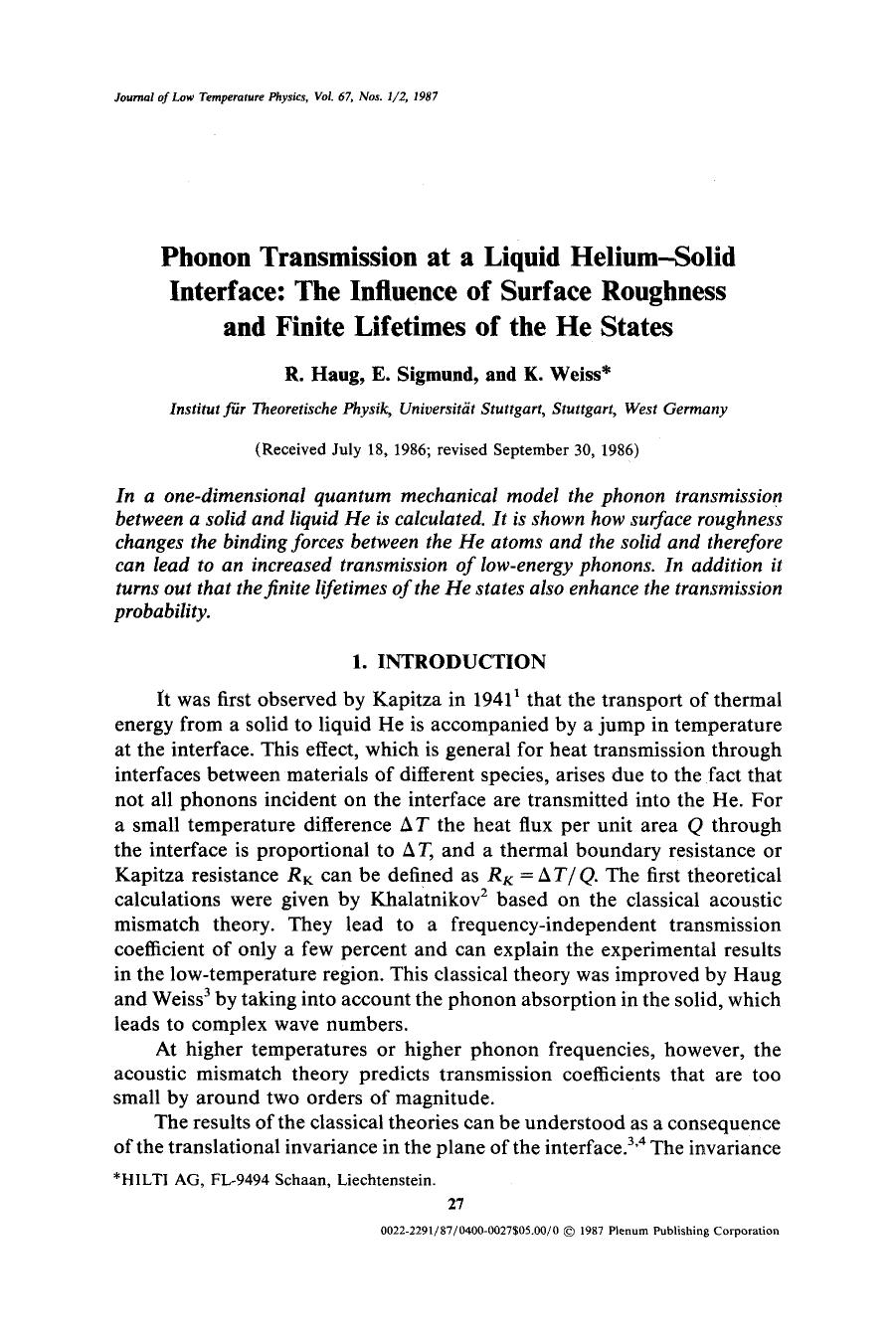 Phonon transmission at a liquid helium-solid interface: The influence of surface roughness and finite lifetimes of the He states by Unknown
