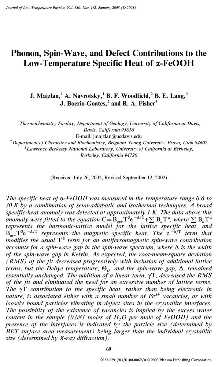 Phonon, Spin-Wave, and Defect Contributions to the Low-Temperature Specific Heat of <Emphasis Type="Italic">&#x03B1;<Emphasis>-FeOOH by Unknown