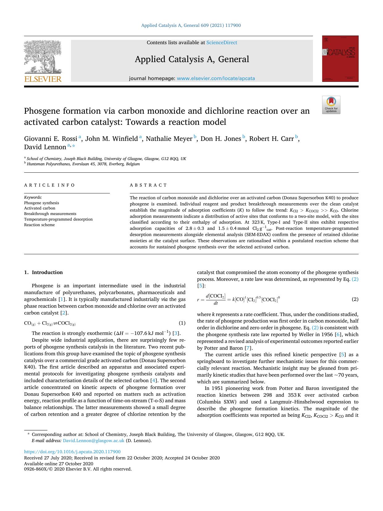 Phosgene formation via carbon monoxide and dichlorine reaction over an activated carbon catalyst: Towards a reaction model by Giovanni E. Rossi & John M. Winfield & Nathalie Meyer & Don H. Jones & Robert H. Carr & David Lennon