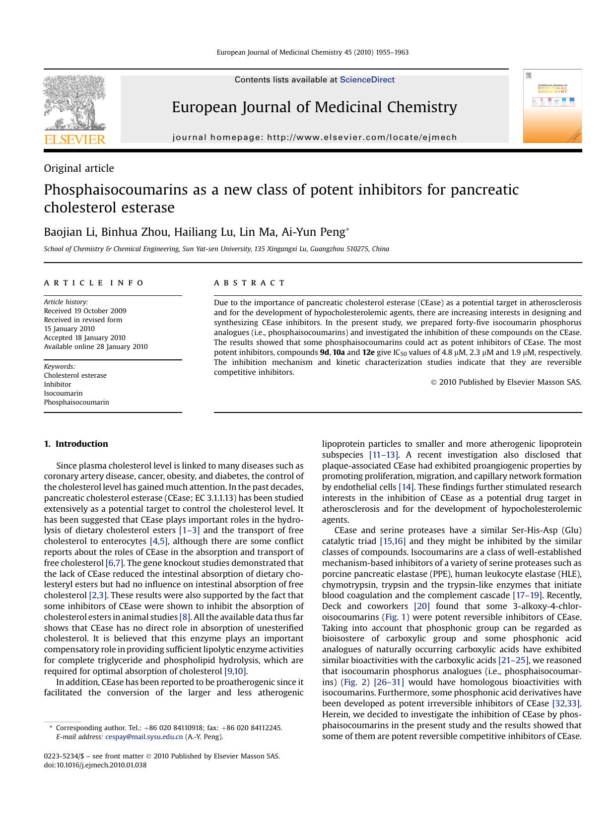Phosphaisocoumarins as a new class of potent inhibitors for pancreatic cholesterol esterase by Baojian Li; Binhua Zhou; Hailiang Lu; Lin Ma; Ai-Yun Peng