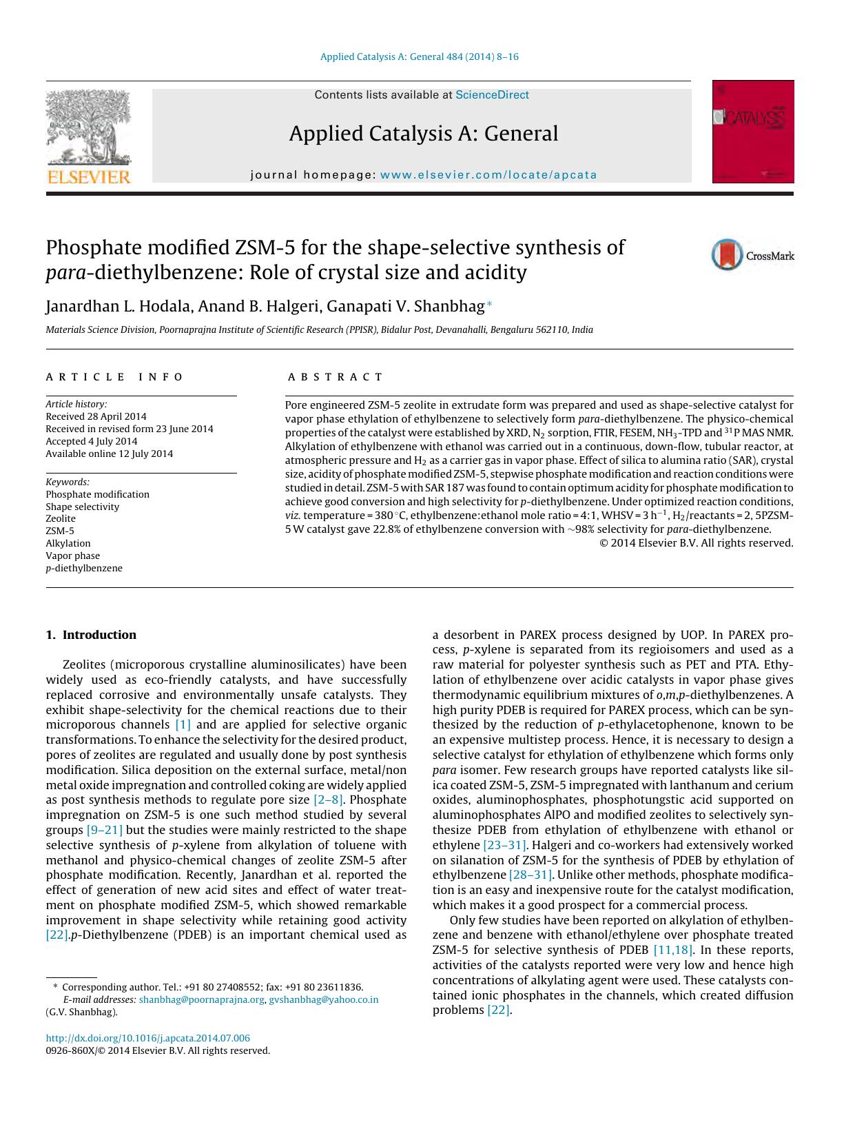 Phosphate modified ZSM-5 for the shape-selective synthesis of para-diethylbenzene: Role of crystal size and acidity by Janardhan L. Hodala & Anand B. Halgeri & Ganapati V. Shanbhag
