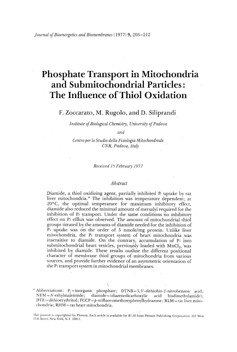 Phosphate transport in mitochondria and submitochondrial particles: The influence of thiol oxidation by Unknown