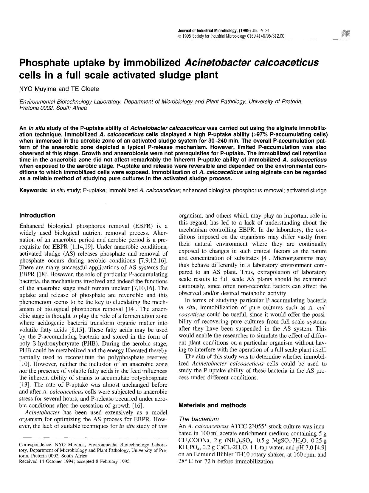Phosphate uptake by immobilized <Emphasis Type="Italic">Acinetobacter calcoaceticus <Emphasis> cells in a full scale activated sludge plant by Unknown