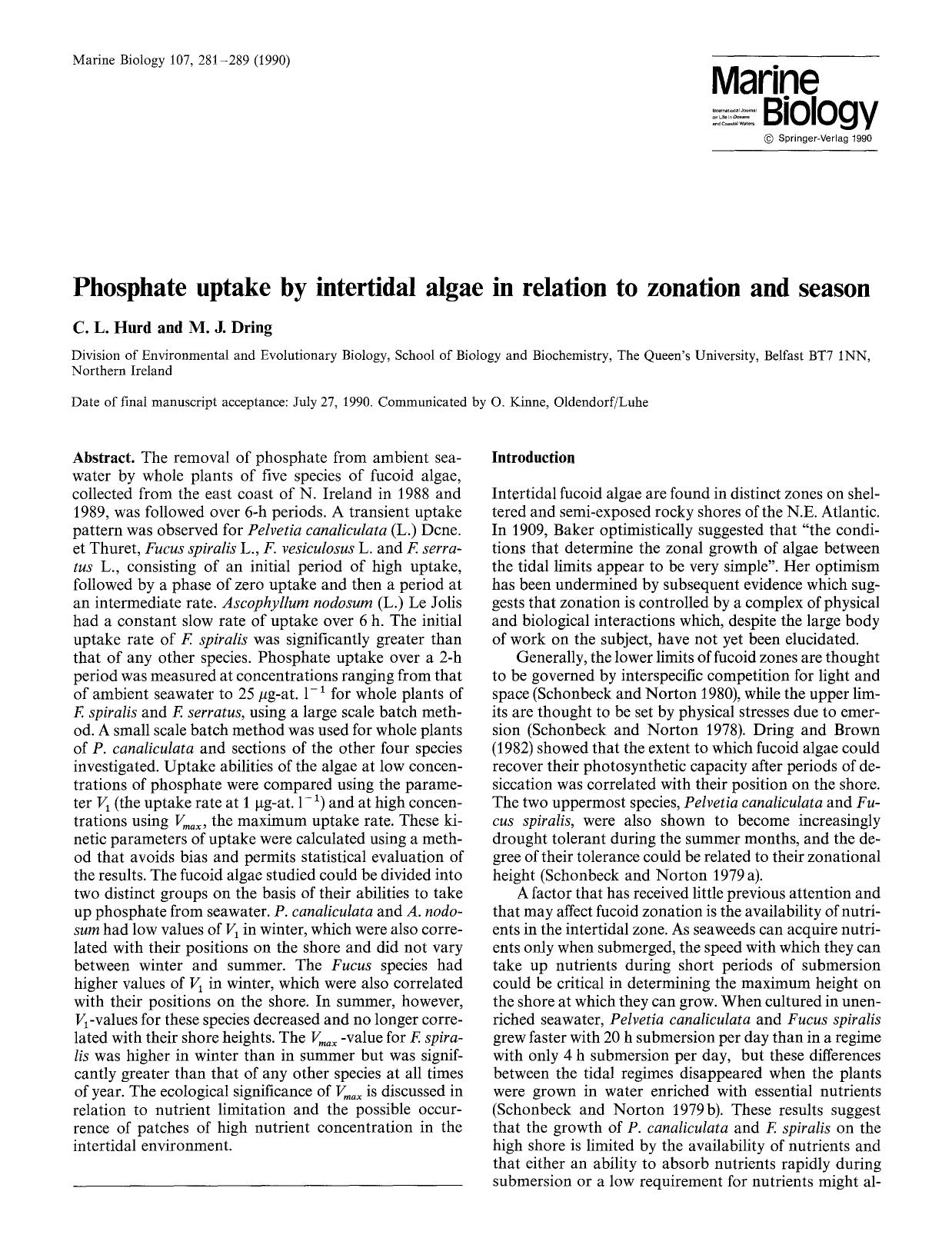 Phosphate uptake by intertidal algae in relation to zonation and season by Unknown