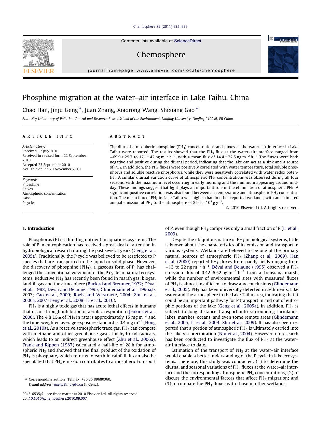 Phosphine migration at the waterÃ¢â¬âair interface in Lake Taihu, China by Chao Han & Jinju Geng & Juan Zhang & Xiaorong Wang & Shixiang Gao