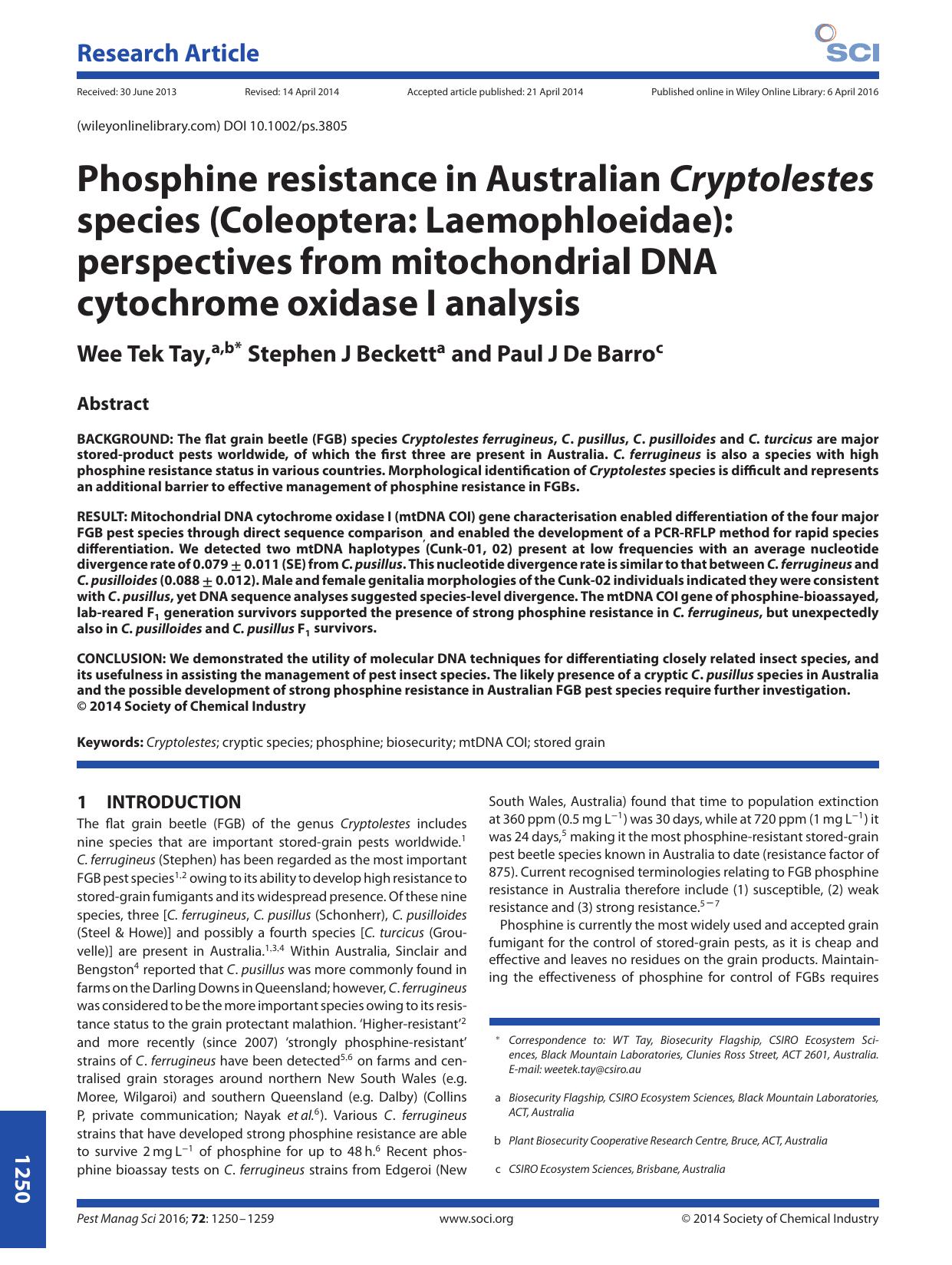 Phosphine resistance in Australian Cryptolestes species (Coleoptera: Laemophloeidae): perspectives from mitochondrial DNA cytochrome oxidase I analysis by Unknown