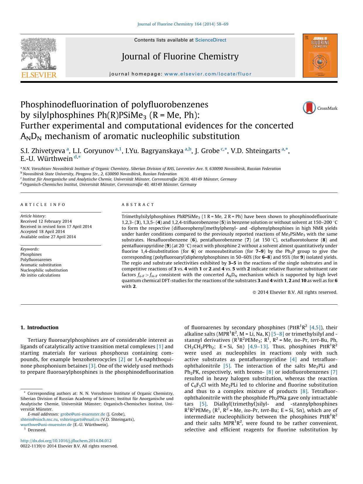 Phosphinodefluorination of polyfluorobenzenes by silylphosphines Ph(R)PSiMe3 (R=Me, Ph): Further experimental and computational evidences for the concerted ANDN mechanism of aromat by unknow