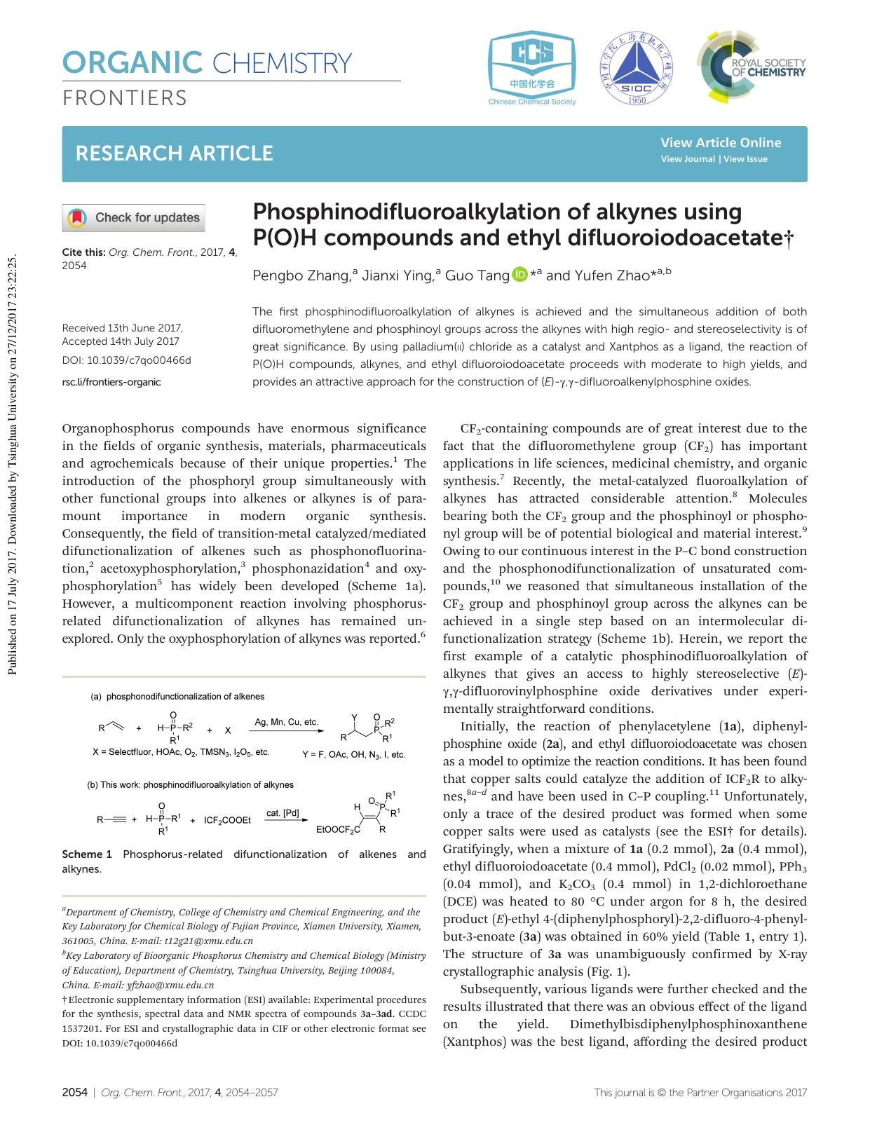 Phosphinodifluoroalkylation of alkynes using P(O)H compounds and ethyl difluoroiodoacetate by Pengbo Zhang Jianxi Ying Guo Tang Yufen Zhao
