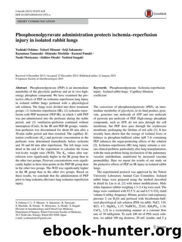 Phosphoenolpyruvate administration protects ischemiaâreperfusion injury in isolated rabbit lungs by unknow