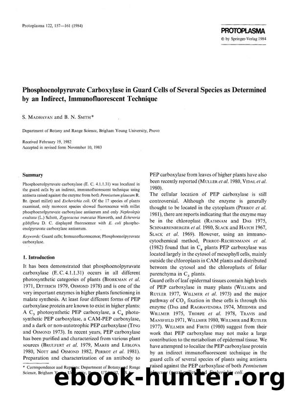 Phosphoenolpyruvate carboxylase in guard cells of several species as determined by an indirect, immunofluorescent technique by Unknown