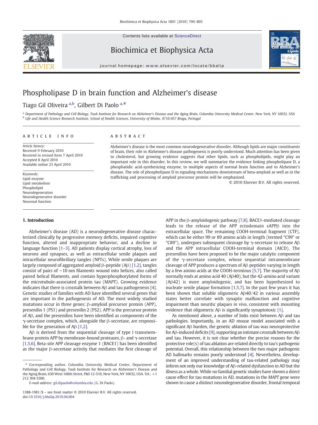 Phospholipase D in brain function and Alzheimer's disease by Tiago Gil Oliveira; Gilbert Di Paolo