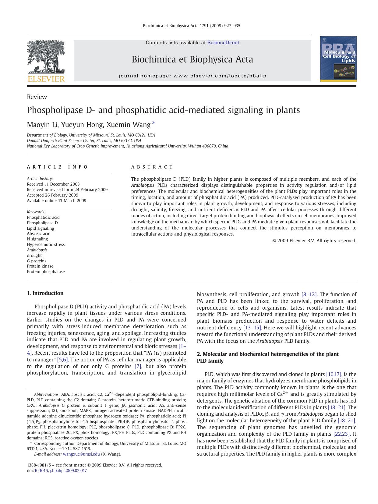 Phospholipase D- and phosphatidic acid-mediated signaling in plants by Maoyin Li; Yueyun Hong; Xuemin Wang
