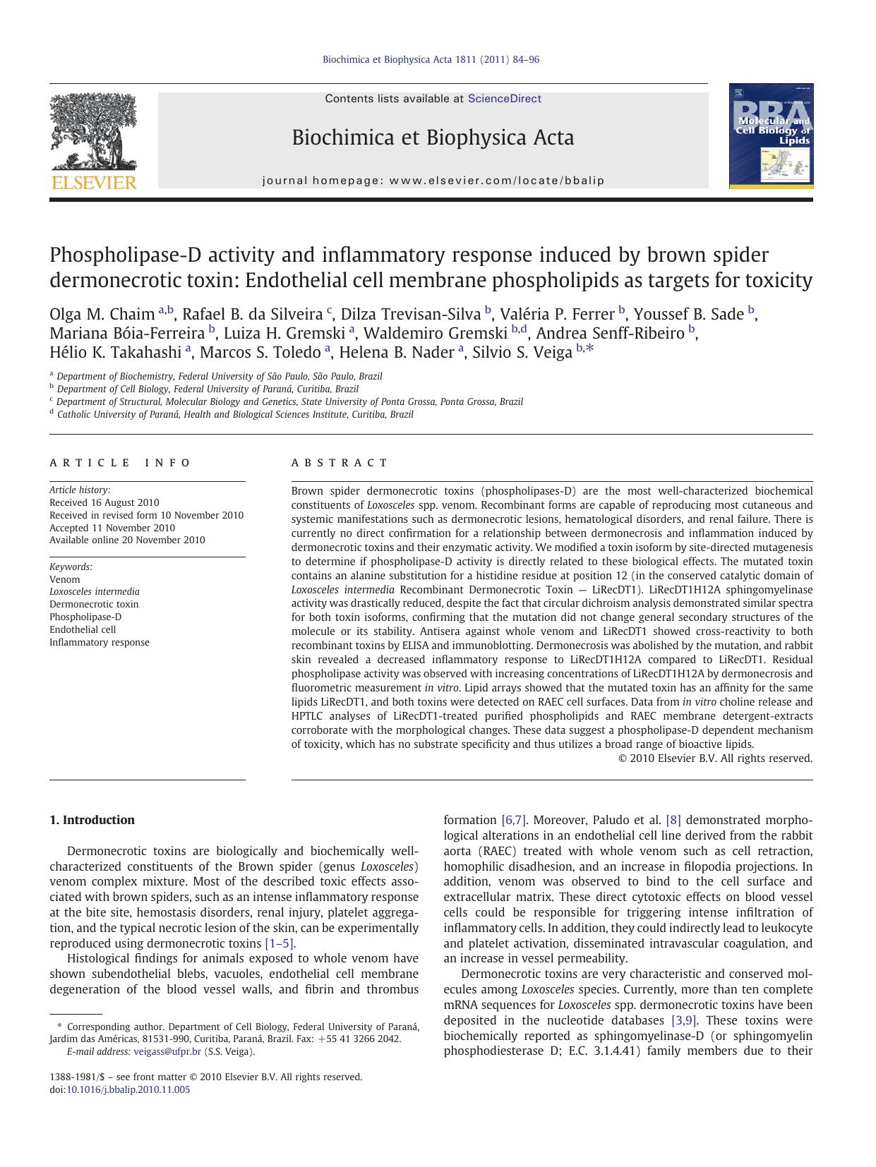 Phospholipase-D activity and inflammatory response induced by brown spider dermonecrotic toxin: Endothelial cell membrane phospholipids as targets for toxicity by unknow