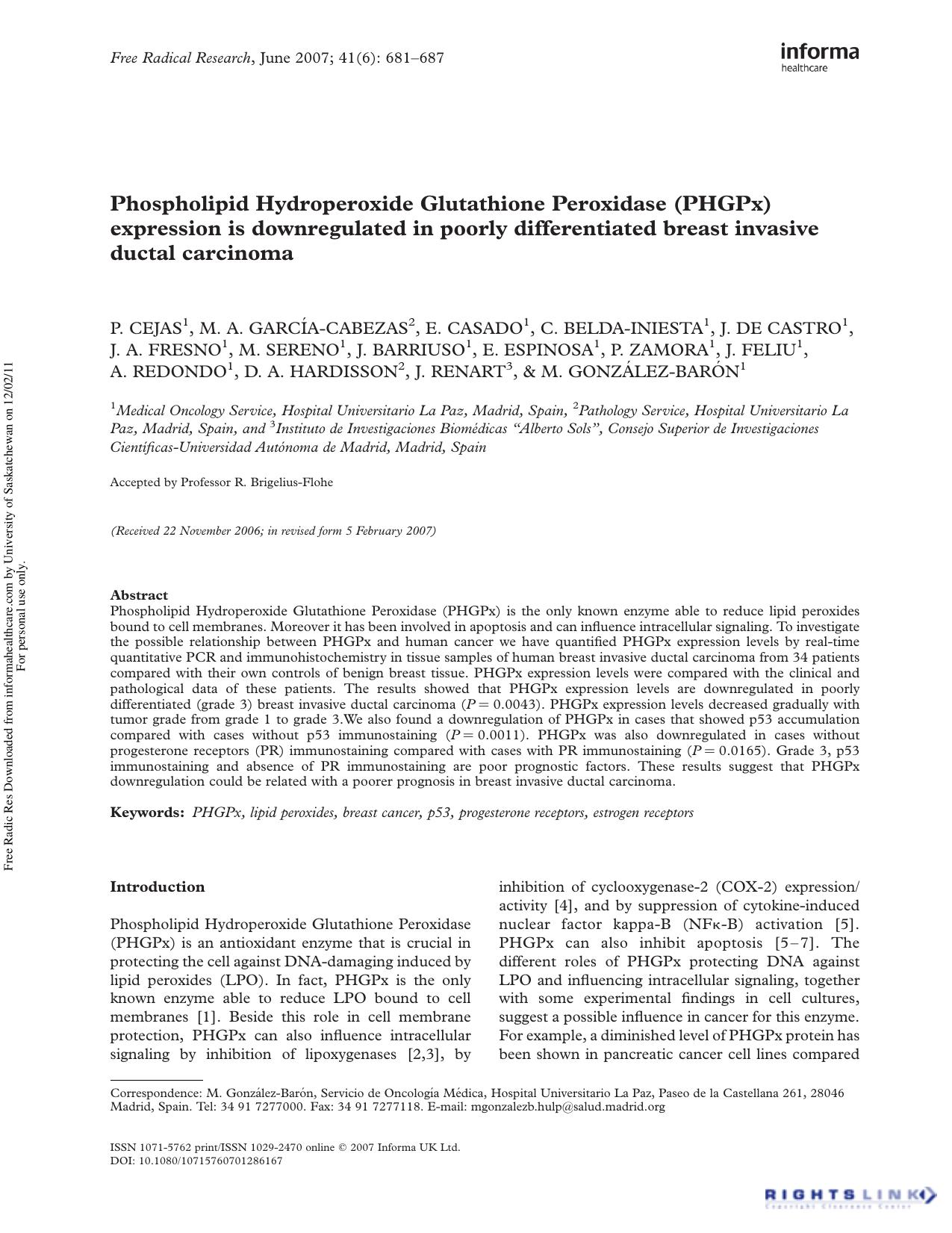 Phospholipid Hydroperoxide Glutathione Peroxidase (PHGPx) expression is downregulated in poorly differentiated breast invasive ductal carcinoma by unknow