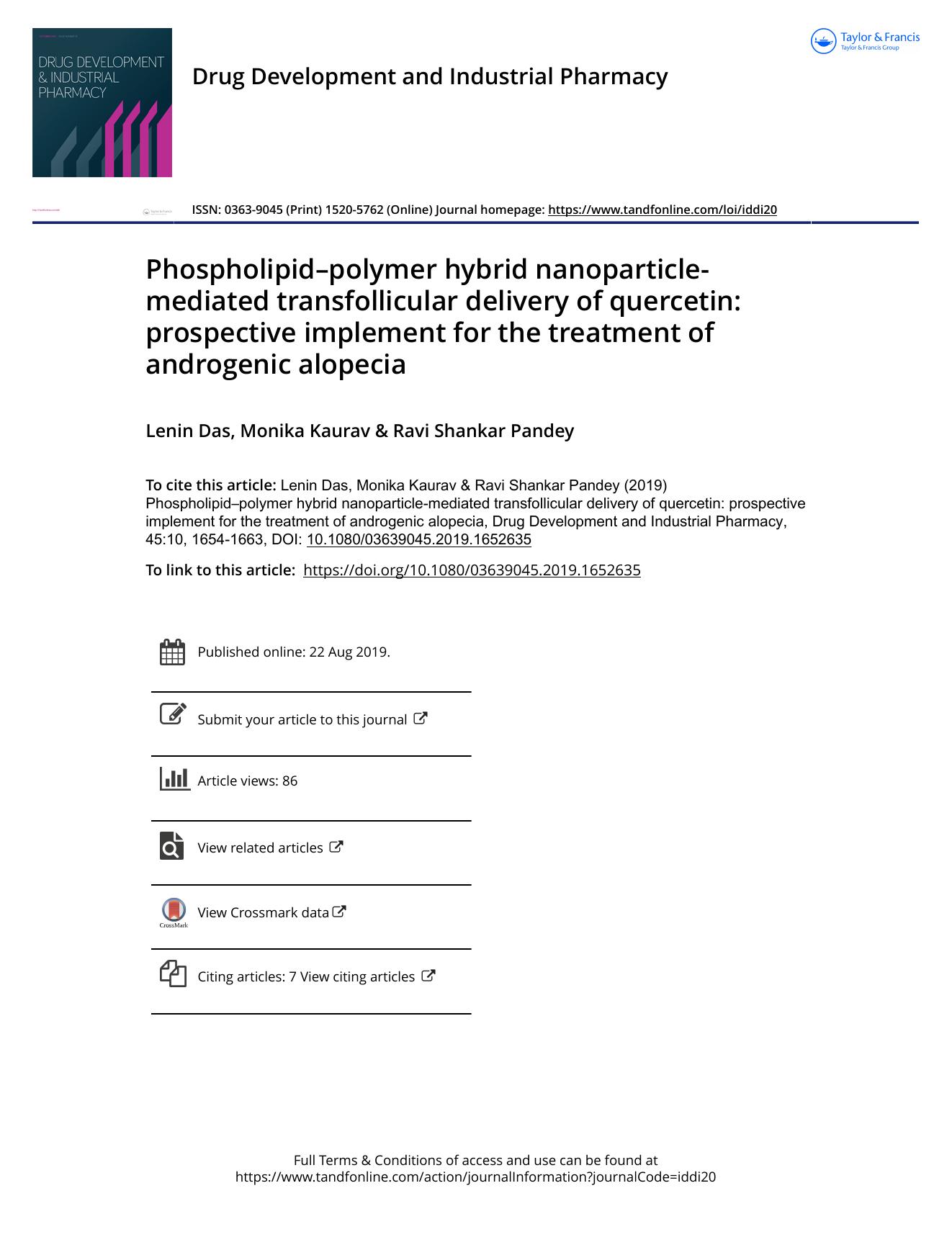 Phospholipidâpolymer hybrid nanoparticle-mediated transfollicular delivery of quercetin: prospective implement for the treatment of androgenic alopecia by Das Lenin & Kaurav Monika & Pandey Ravi Shankar