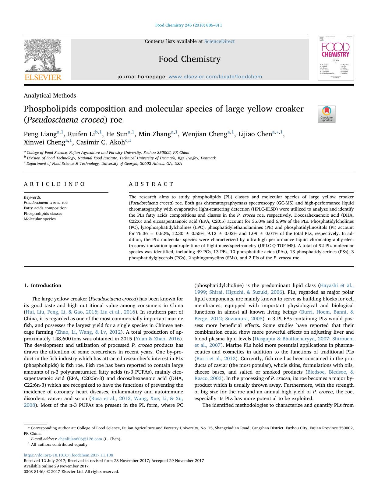 Phospholipids composition and molecular species of large yellow croaker (Pseudosciaena crocea) roe by unknow