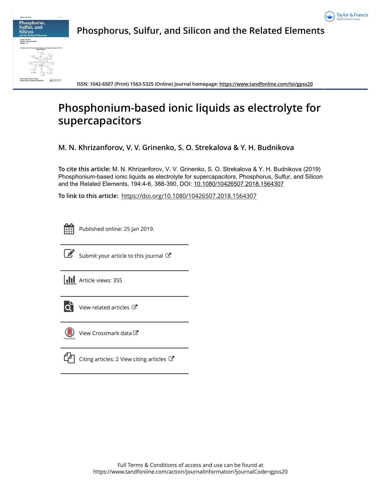 Phosphonium-based ionic liquids as electrolyte for supercapacitors by Khrizanforov M. N. & Grinenko V. V. & Strekalova S. O. & Budnikova Y. H