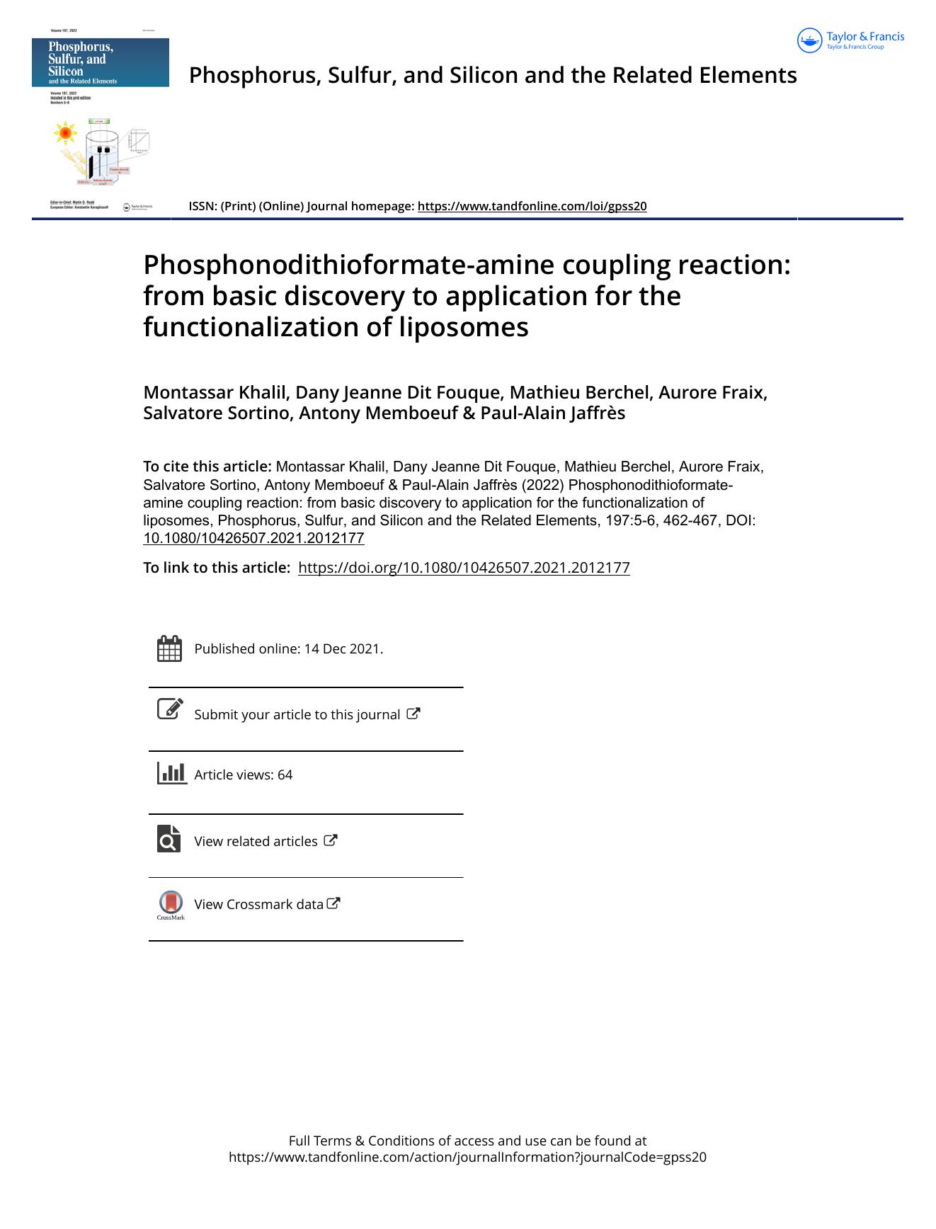 Phosphonodithioformate-amine coupling reaction: from basic discovery to application for the functionalization of liposomes by unknow