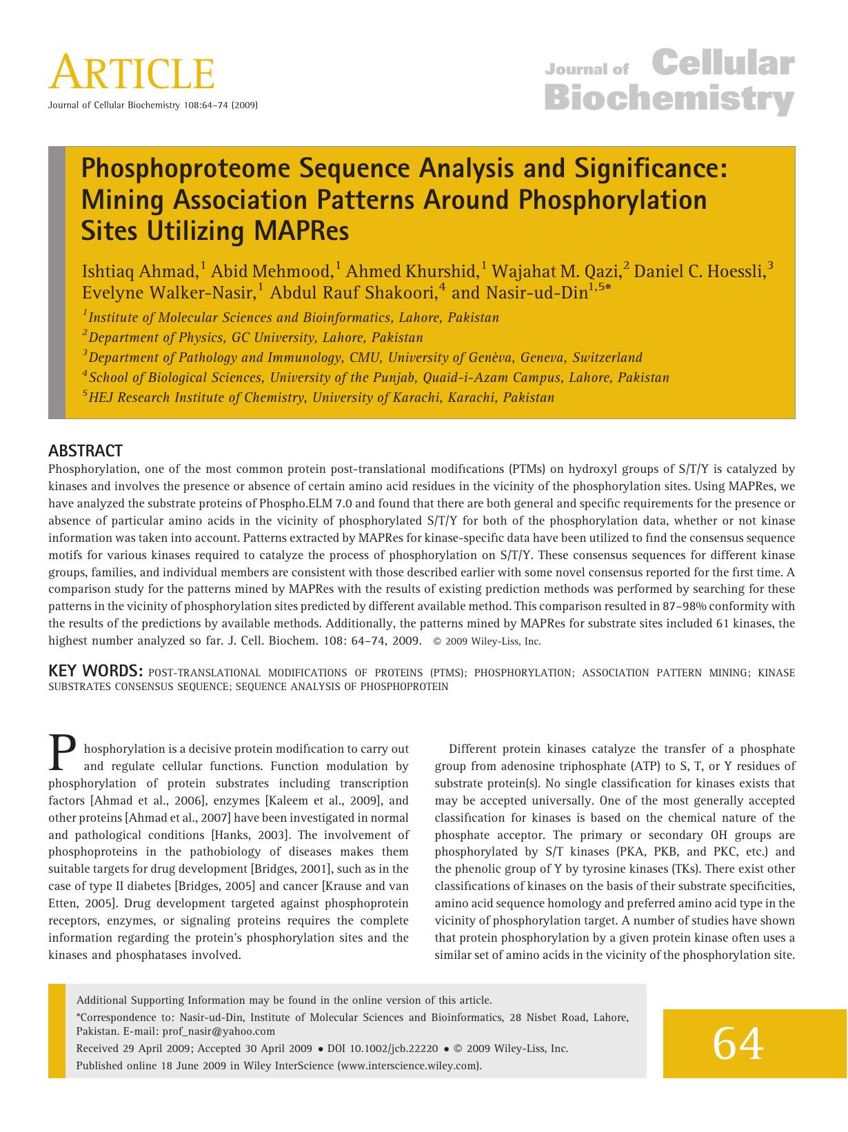 Phosphoproteome sequence analysis and significance: Mining association patterns around phosphorylation sites utilizing MAPRes by Unknown