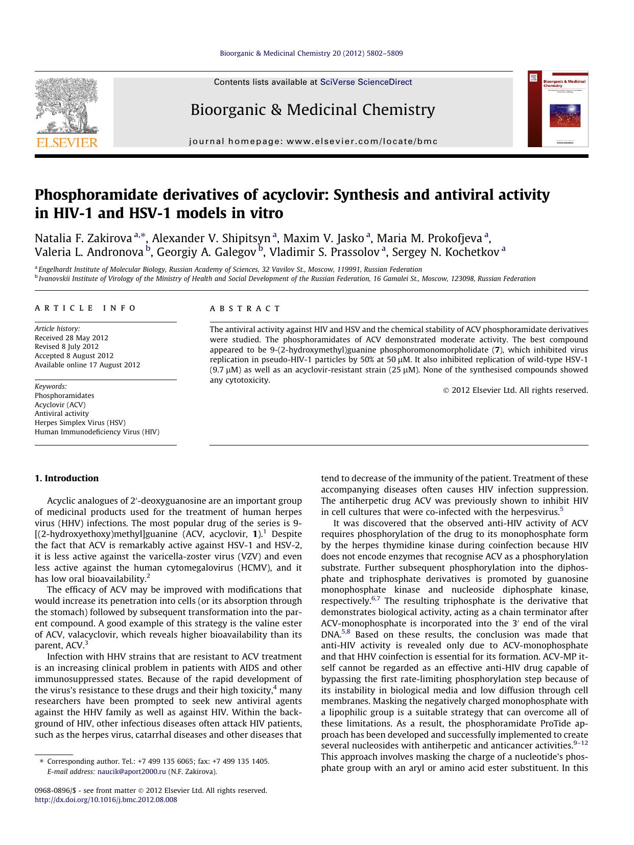 Phosphoramidate derivatives of acyclovir: Synthesis and antiviral activity in HIV-1 and HSV-1 models in vitro by unknow