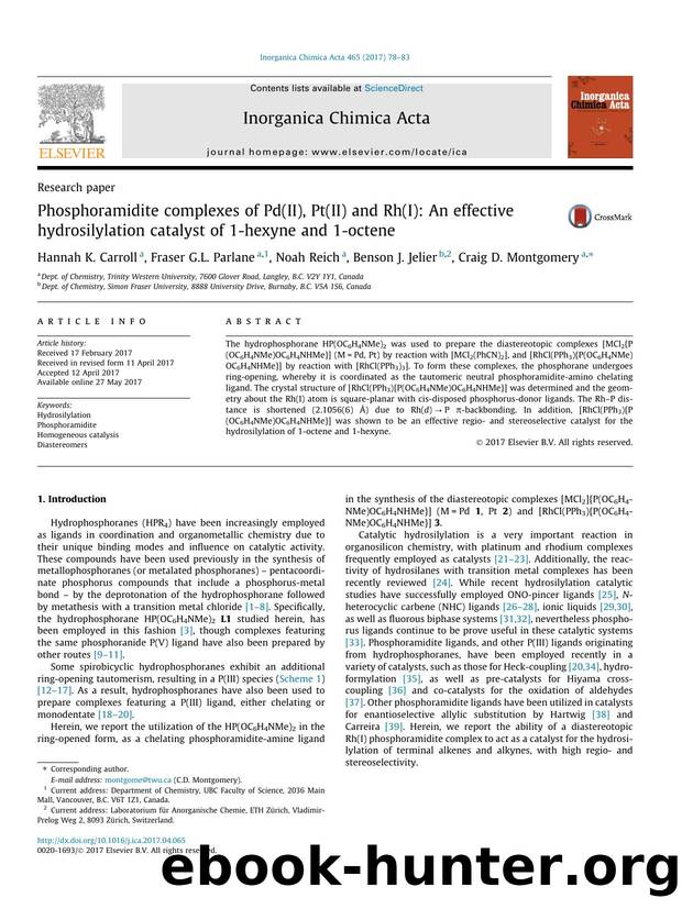 Phosphoramidite complexes of Pd(II), Pt(II) and Rh(I): An effective hydrosilylation catalyst of 1-hexyne and 1-octene by Hannah K. Carroll & Fraser G.L. Parlane & Noah Reich & Benson J. Jelier & Craig D. Montgomery