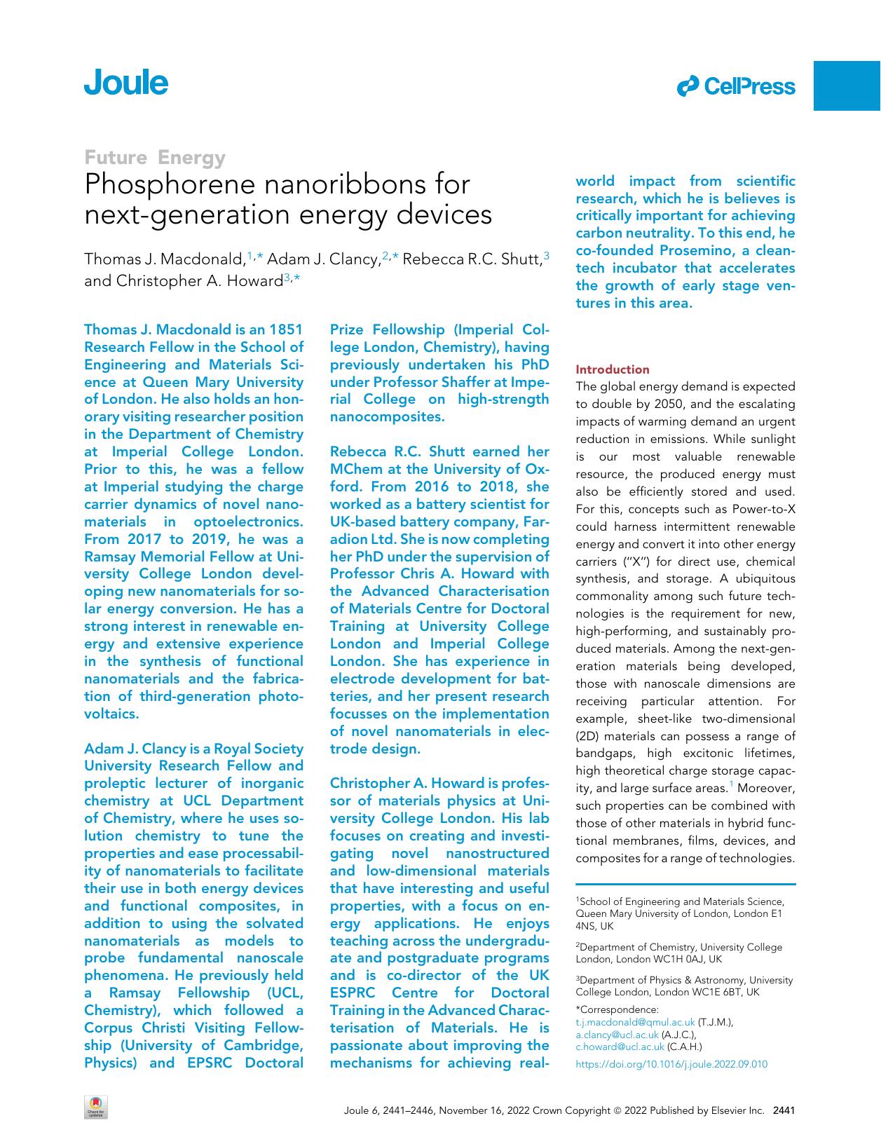 Phosphorene nanoribbons for next-generation energy devices by Thomas J. Macdonald & Adam J. Clancy & Rebecca R.C. Shutt & Christopher A. Howard
