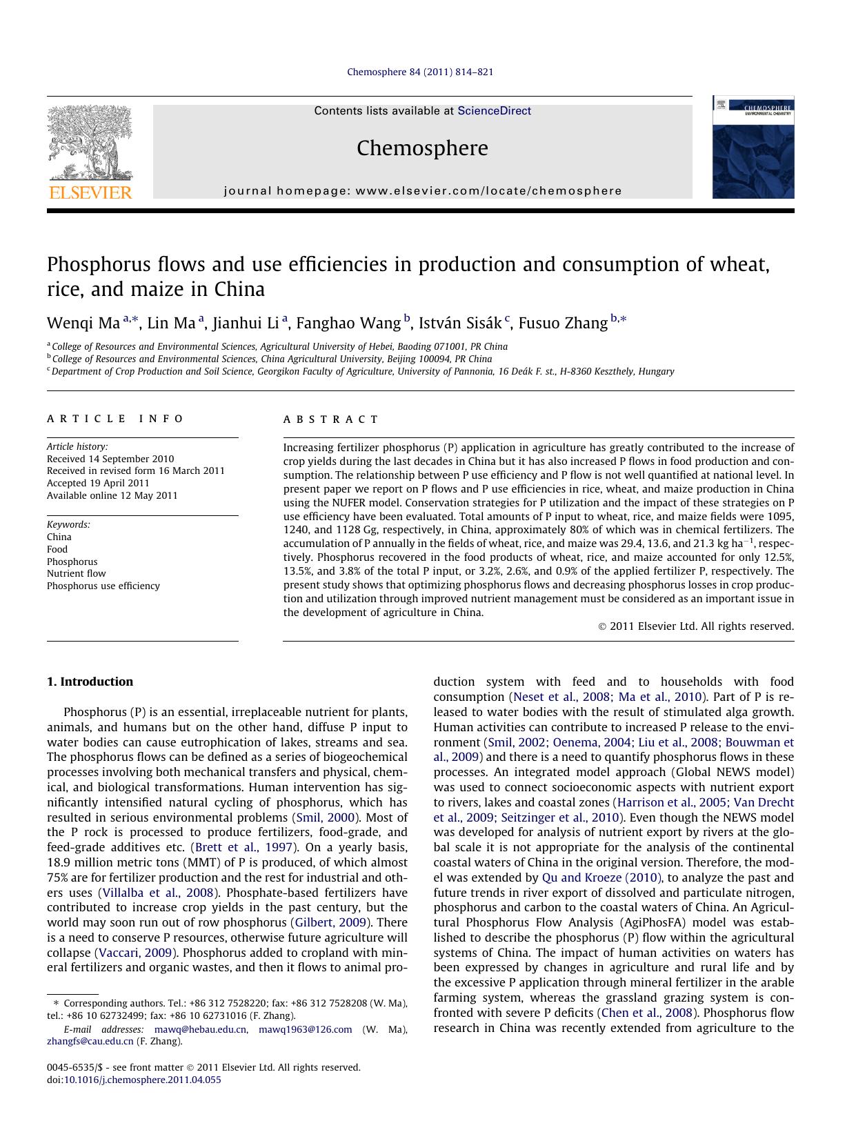 Phosphorus flows and use efficiencies in production and consumption of wheat, rice, and maize in China by Wenqi Ma & Lin Ma & Jianhui Li & Fanghao Wang & István Sisák & Fusuo Zhang