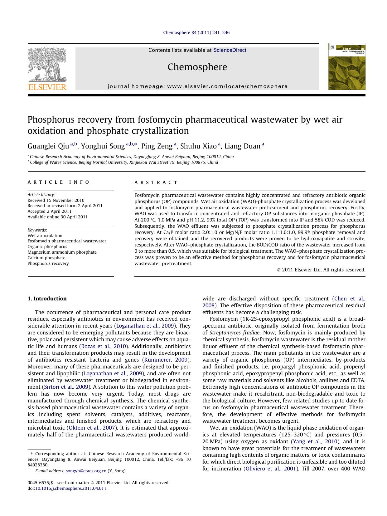 Phosphorus recovery from fosfomycin pharmaceutical wastewater by wet air oxidation and phosphate crystallization by Guanglei Qiu & Yonghui Song & Ping Zeng & Shuhu Xiao & Liang Duan