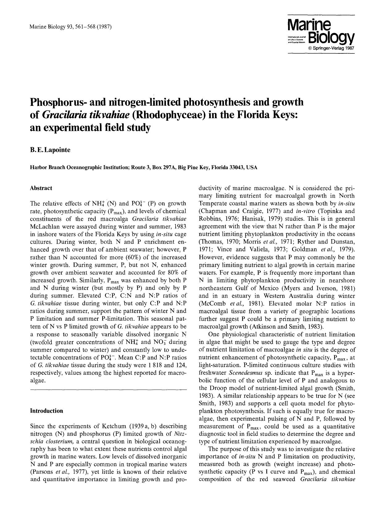 Phosphorus- and nitrogen-limited photosynthesis and growth of <Emphasis Type="Italic">Gracilaria tikvahiae<Emphasis> (Rhodophyceae) in the Florida Keys: an experimental field study by Unknown